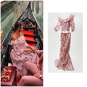 Zara Floral Off-Shoulder Top & Maxi Maxi Skirt Set